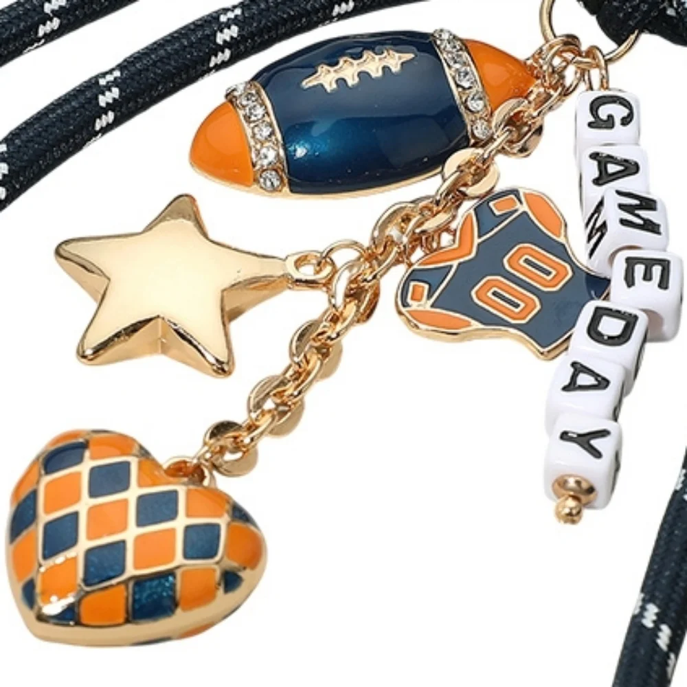 Navy Orange GAME DAY Rope Bow Football Dangle Charms Beaded Purse Keychain